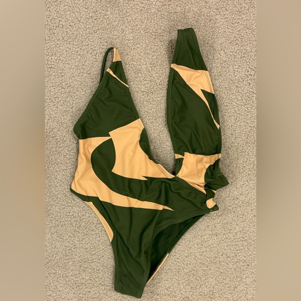 MATTE Collection One Shoulder Cutout Swimsuit | NWT | Olive/Nude